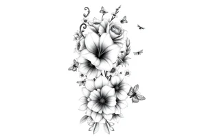 Calia Lily, rose, gadiolus, carnation,Narcissus,poppy, aster, violet ,chrysanthemum, lily of the valley and water lily sleeve on upper arm and shoulder  with bumblebees  and dragonflies on skin tattoo idea