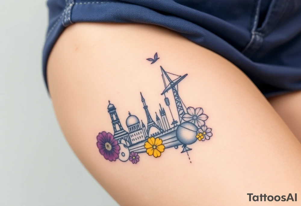 Powerful tourist tattoo with purple and yellow tattoo idea