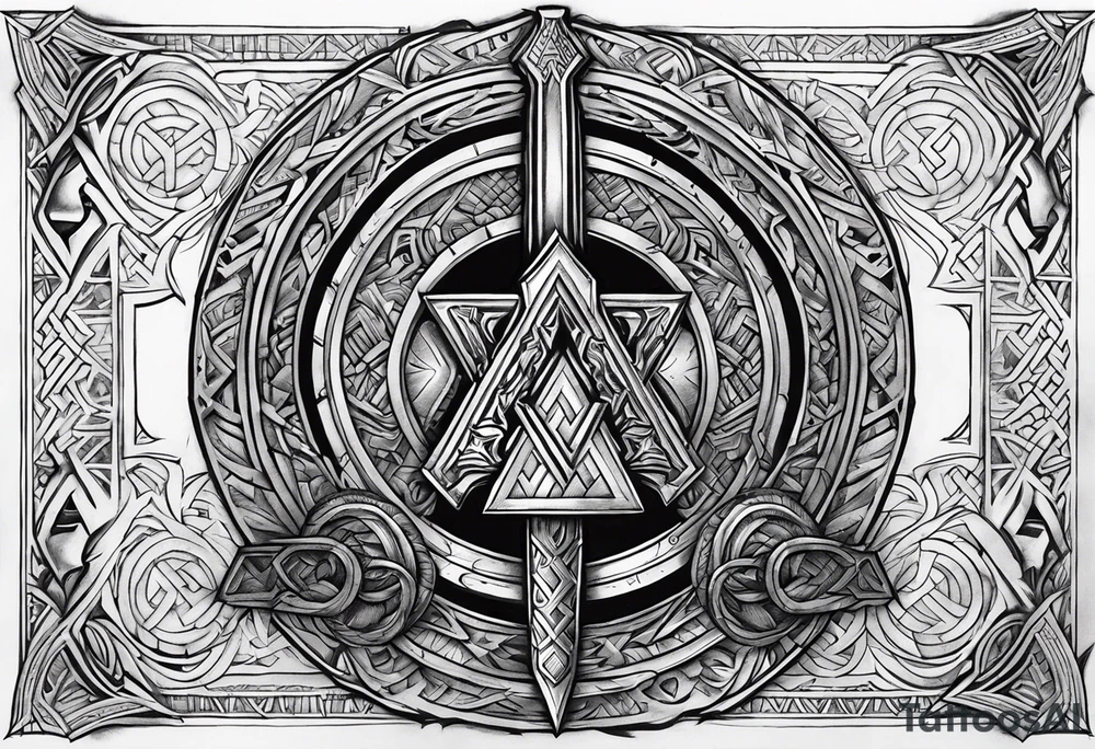 Valhalla sword shield axe Valknut tattoo idea