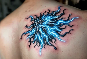 A surreal Aquarius formed by merging water and electricity, crackling with blue and white lightning. tattoo idea