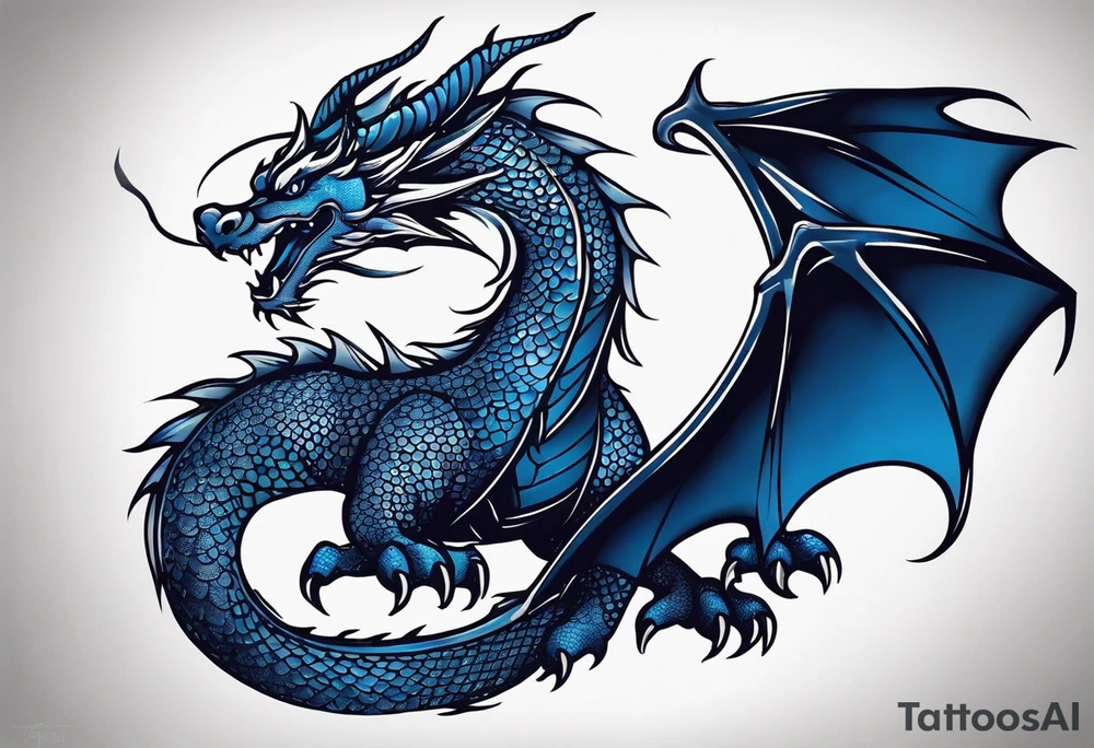 An epic floating dragon. Its long body coiling dynamically, with scales and horns detailed to create a sense of movement and strength. The dragon's main color is midnight blue, giving a vibrant depth and a mystical aura. This tattoo highlights the dragon’s fierce expression and sharp claws. tattoo idea