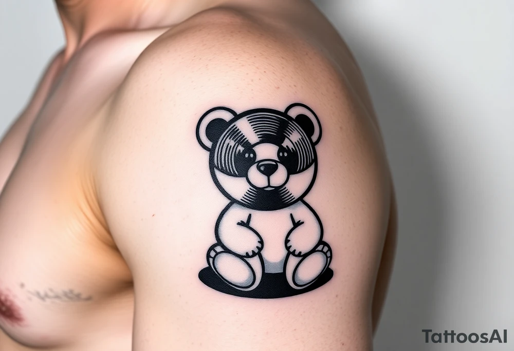 minimalist teddy bear with vinyl records as eyes smiling and sitting on a record yer tattoo idea