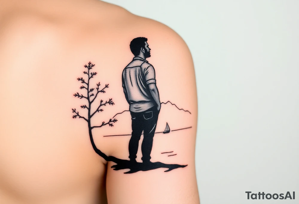 I want a minimalist design that will go on my right bicep, of a man's silhouette of a man on a shoreline, with a tree to his left, looking out at mountains in the distance, and a sailboat in the foreground.  but I want this around the arm, elbow and bicep area.  more of a wrap around on the arm please.   bottom left is okay, but less focus on the man's silhouette.  on the arm, not on the shoulder tattoo idea