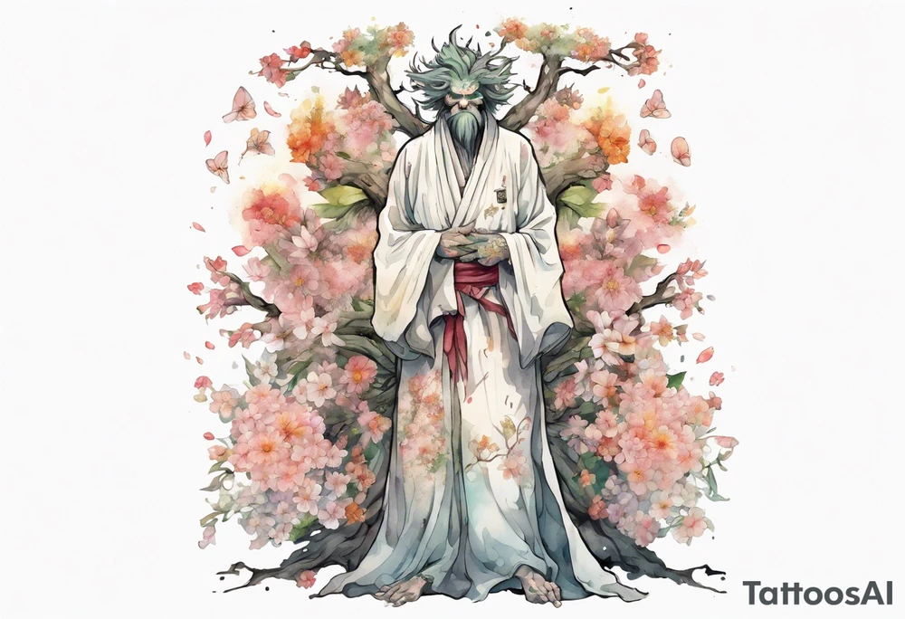 a tree-man hybrid covered in flowers wearing a long robe tattoo idea