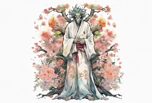 a tree-man hybrid covered in flowers wearing a long robe tattoo idea