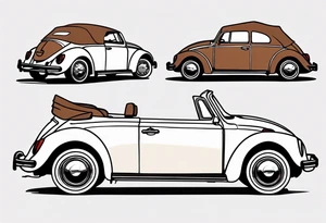 VW beetle convertible, side profile, top-down, modern, linework, minimal, no shadow or solid shading, brown linework tattoo idea