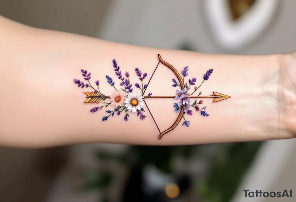 A wooden bow and arrow with a delicate set of wildflowers (like lavender and daisies) intertwined in the string. The bow is shaded in earthy browns, and the flowers have soft purple, pink, and white hues, symbolizing Sagittarius’ love for nature and beauty. The arrow has a subtle golden shimmer. tattoo idea