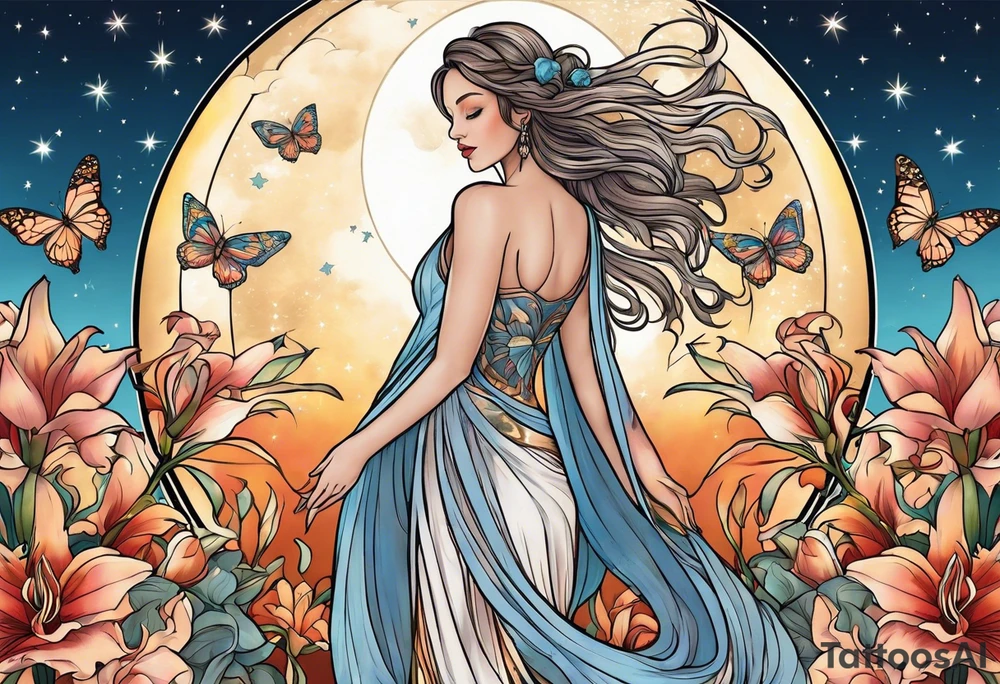 Forward-facing, portrait full length of creation goddess standing upright.  Butterflies. Lillies at feet. Arms raised and hands cupped towards sky. Sun, moon and stars in background tattoo idea