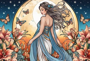 Forward-facing, portrait full length of creation goddess standing upright.  Butterflies. Lillies at feet. Arms raised and hands cupped towards sky. Sun, moon and stars in background tattoo idea