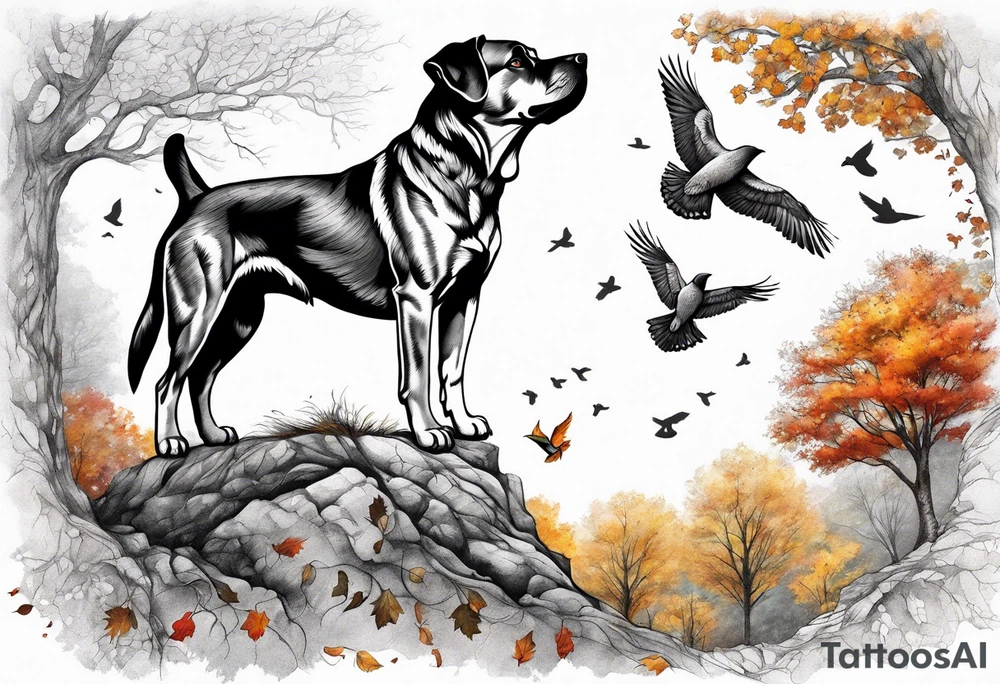 Autumn tree with medium grey brindle dog sitting to the right facing it and looking up at it and birds flying out the top of it tattoo idea