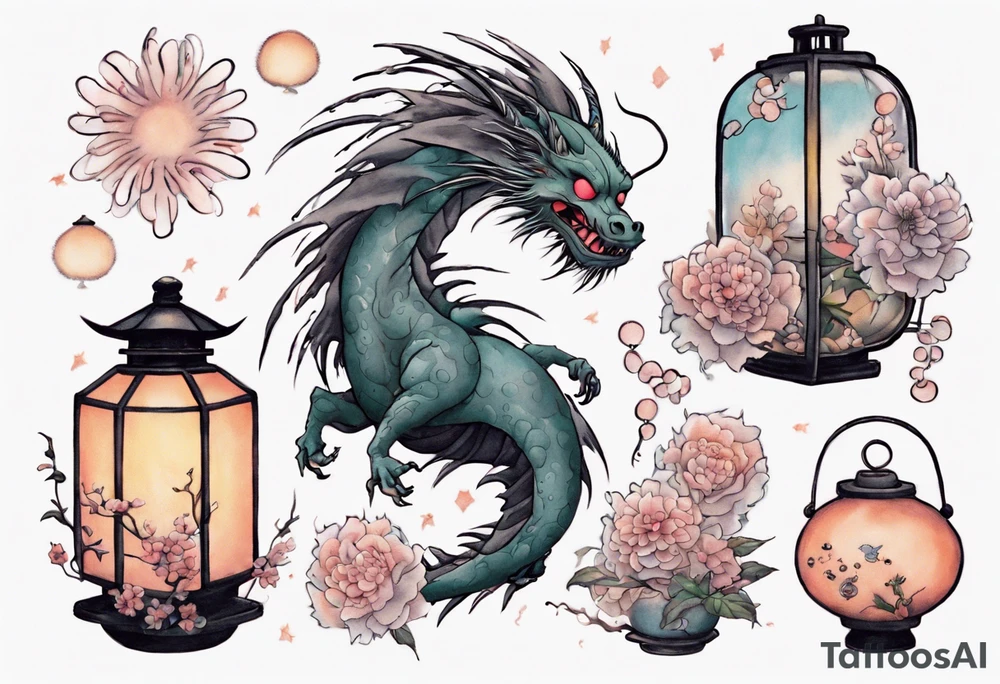 spirited away, chihiro, soot sprites, haku dragon, pastel, flowers, chinese lanterns, manga tattoo idea