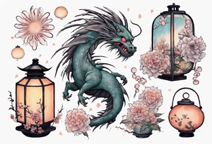 spirited away, chihiro, soot sprites, haku dragon, pastel, flowers, chinese lanterns, manga tattoo idea