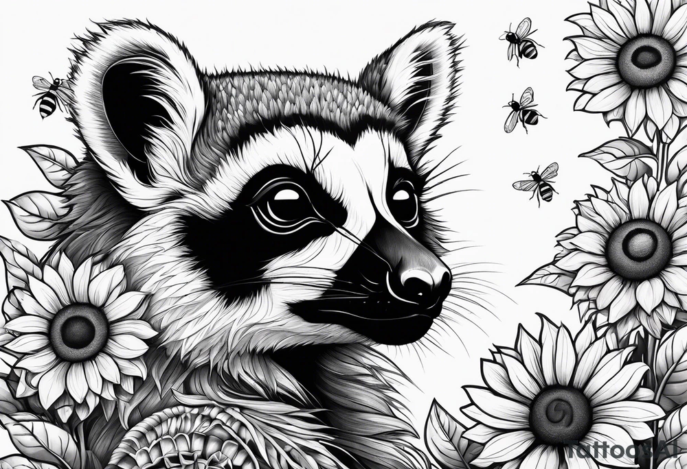 A lemur, a sunflower, and a bumble bee tattoo idea