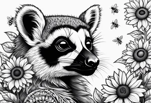 A lemur, a sunflower, and a bumble bee tattoo idea