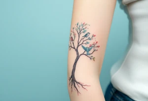 A delicate tree with deep roots with four tiny birds flying from its branches, representing the growth and independence of each family member tattoo idea