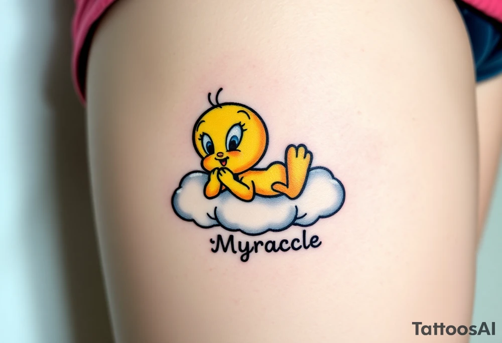 Tweety Bird laying on a cloud with his head in his hands looking up. Under the cloud in small capital letters is the name Myracle Blessing tattoo idea
