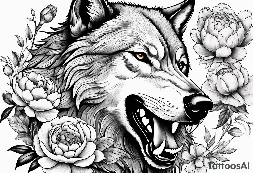 Wolf fighting with bear with peonies and smoke tattoo idea Wolf fighting with bear with peonies and smoke tattoo idea