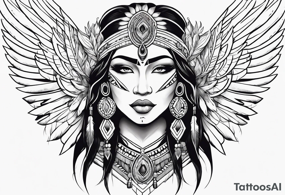 beautiful, kali, valkrye, goddess, native american, chest, left looking, wing tattoo idea