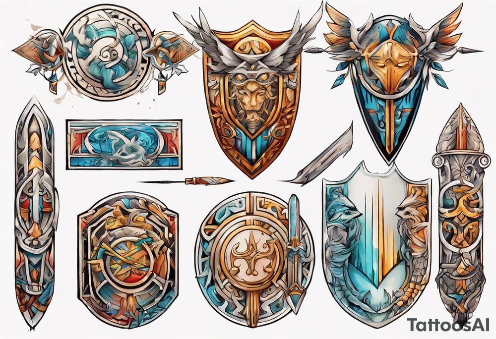 a colorful delicate rectangle-long tattoo within a half-circle configuration with a shield and spear with ancient Greek art intertwined tattoo idea