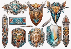 a colorful delicate rectangle-long tattoo within a half-circle configuration with a shield and spear with ancient Greek art intertwined tattoo idea