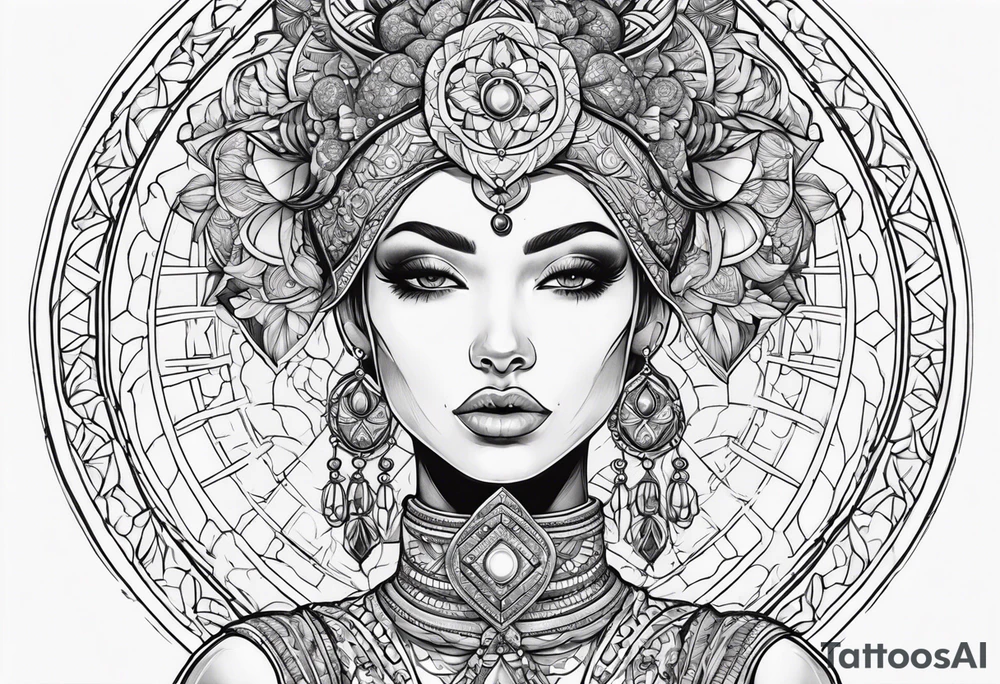 Woman holding orb of divinity over her head tattoo idea