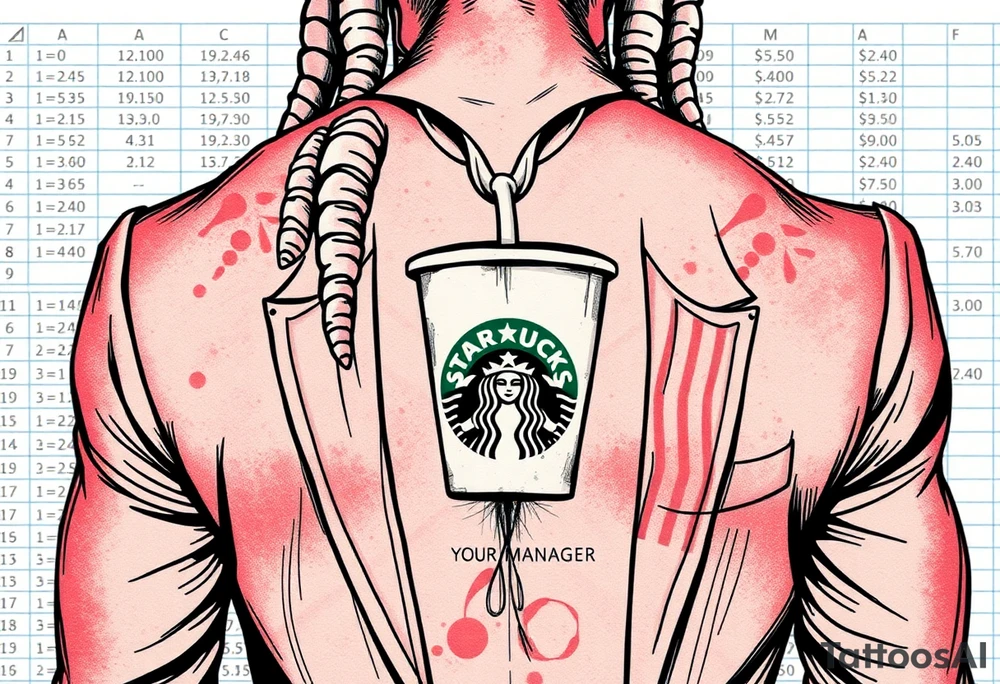"Anubis in a wrinkled suit, holding a burnt-out Starbucks cup instead of ankh.  
Background: Excel sheet with formulas like *=SUM(LIFE)*.  
Collar tag: *'Hello, my name is: YOUR MANAGER'*.  

Style: Gritty ink sketch. Black/red. Ribs." tattoo idea