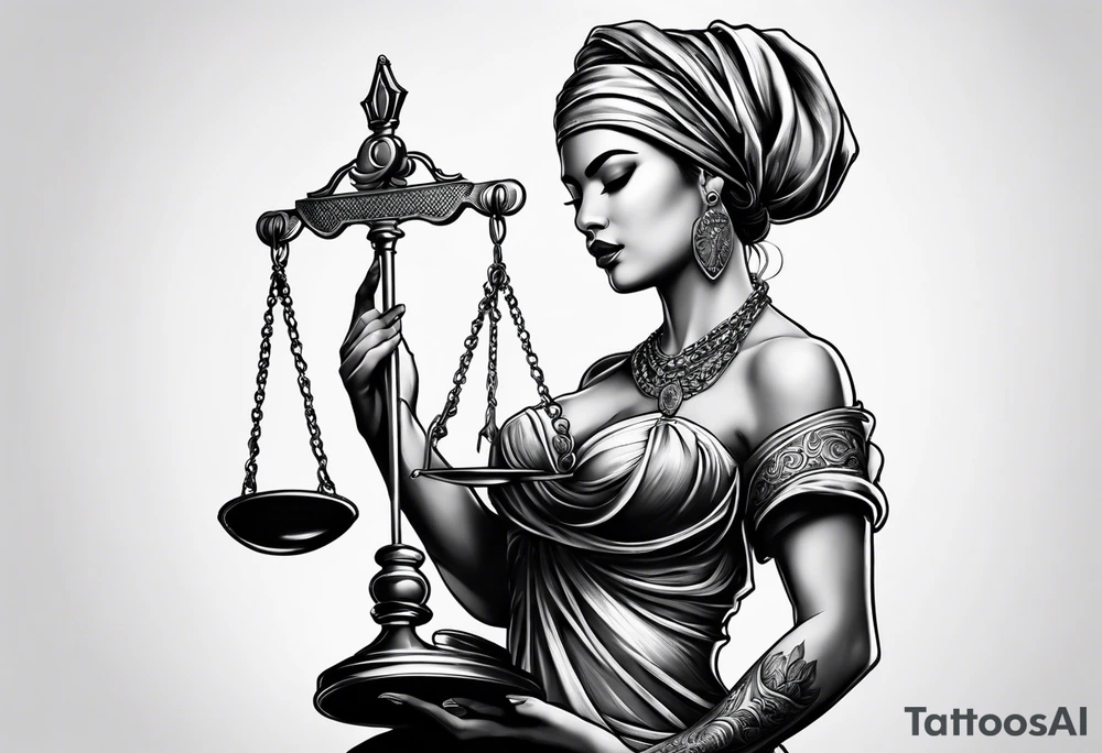A blindfolded woman holding scales, themed around justice and equality. tattoo idea