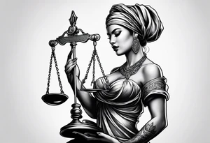 A blindfolded woman holding scales, themed around justice and equality. tattoo idea