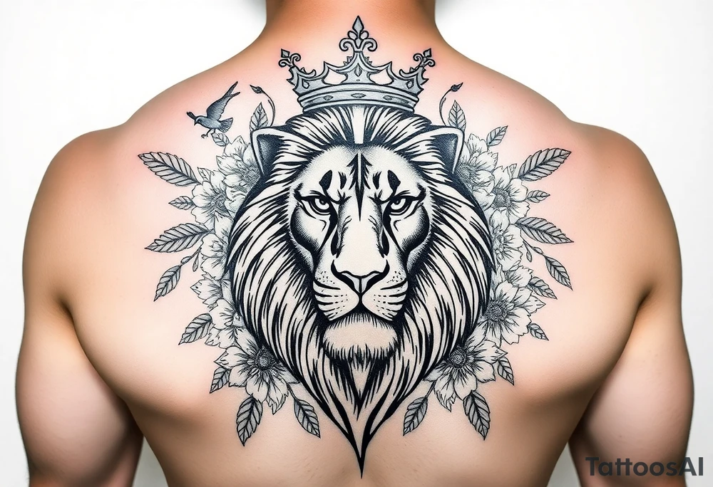 powerful majestic lion with a crown, surrounded by floral ornaments and birds tattoo idea
