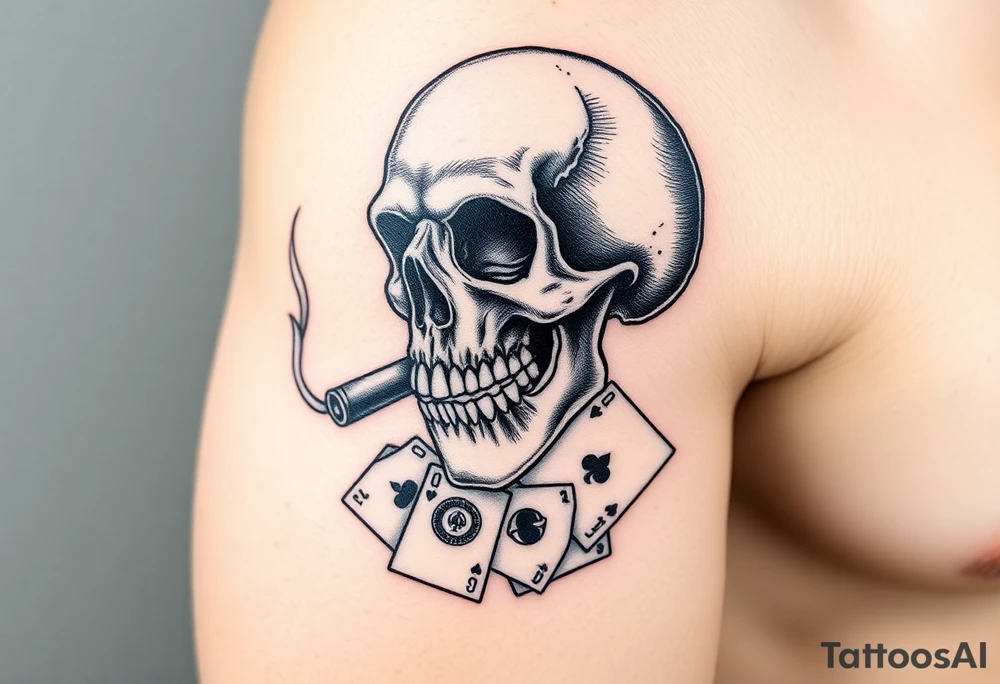 skull with smoking cigar in mouth,a lot of money,playing cards. tattoo idea