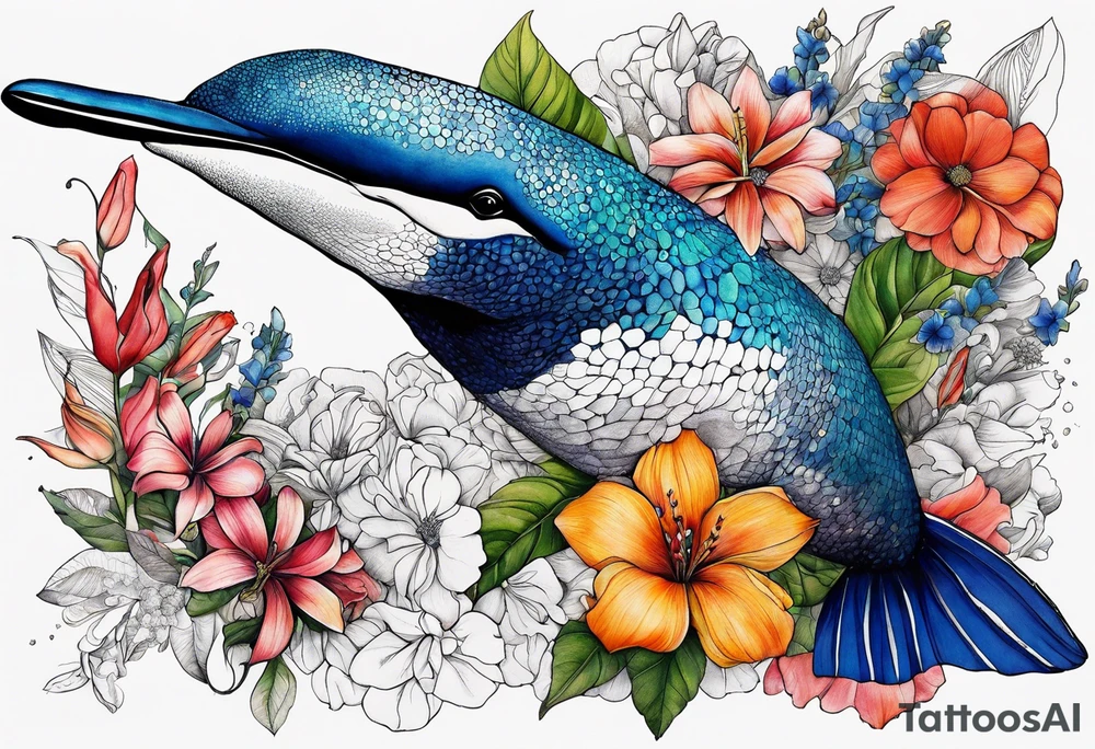 flowers, bold color, collage, blue whale, hummingbird tattoo idea