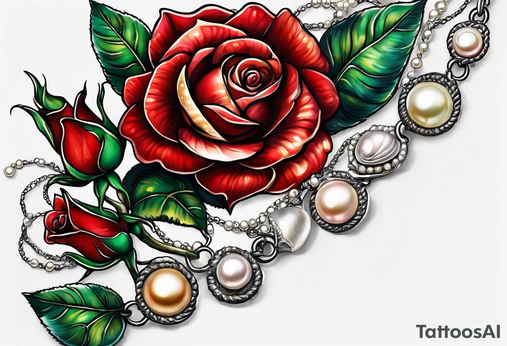 Red rose with a pearl necklace and a seashell tattoo idea