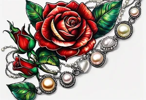 Red rose with a pearl necklace and a seashell tattoo idea