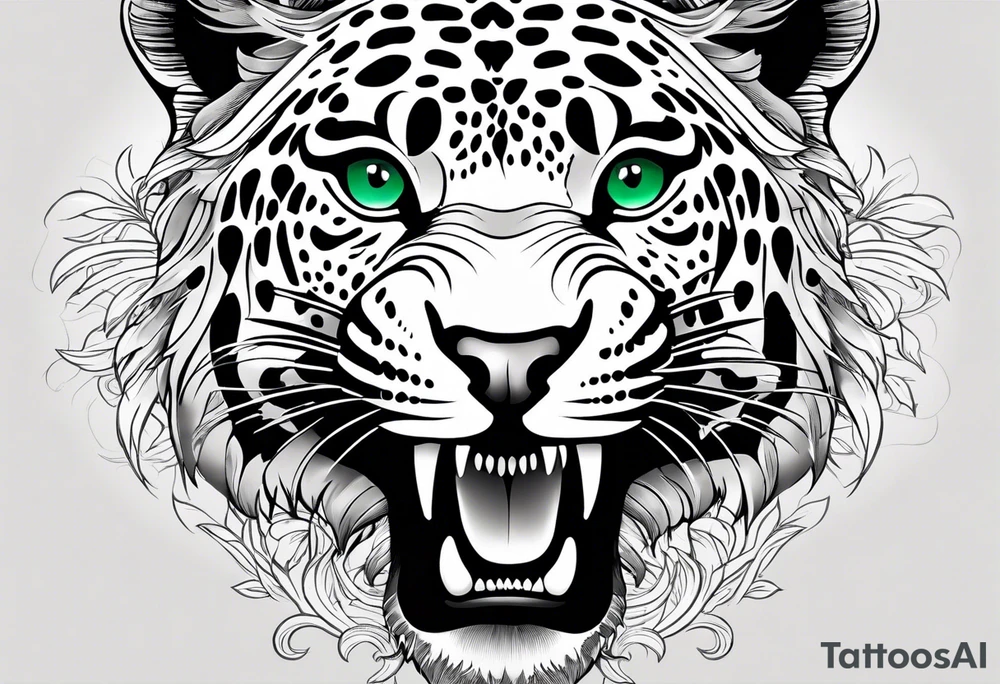 Create and black and grey realistic jaguar walking toward you with rainforest background for a forearm tattoo. Have the jaguars eye colored with emerald green and mouth open tattoo idea
