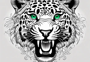 Create and black and grey realistic jaguar walking toward you with rainforest background for a forearm tattoo. Have the jaguars eye colored with emerald green and mouth open tattoo idea