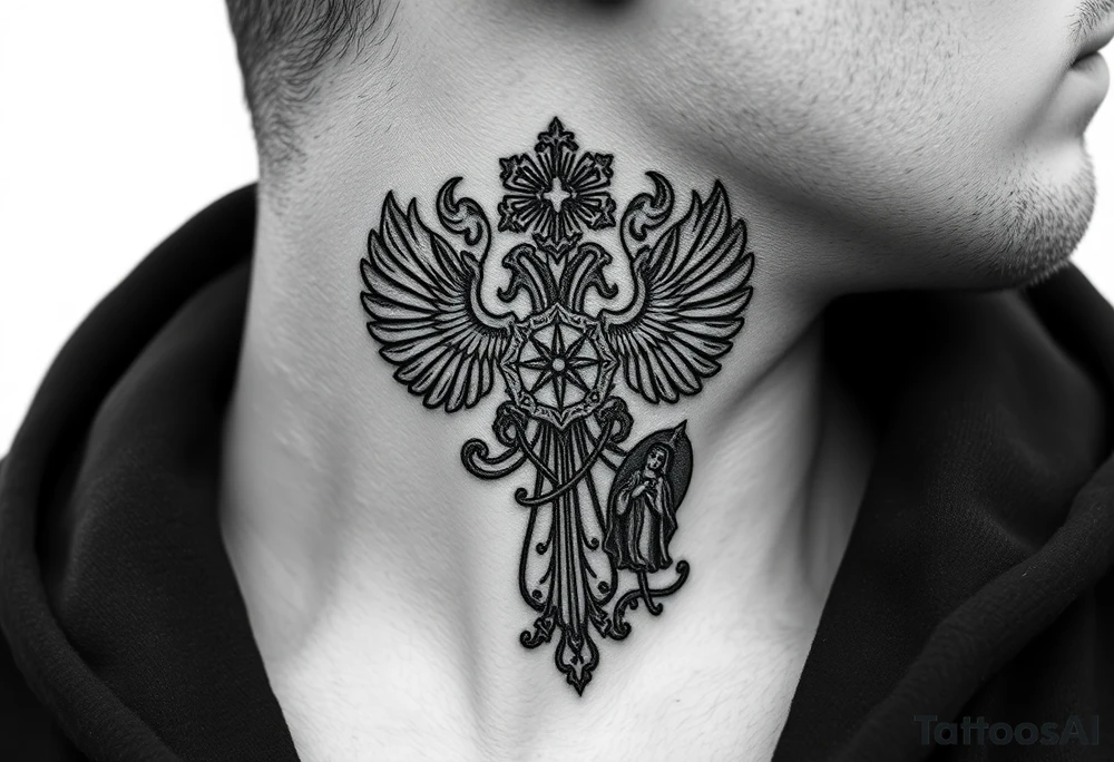 russian coat arms in a russian christian orthodox cross with the cross in the middle with a virgin mary & orthodox dome church on the side of the neck in a wilderness setting tattoo idea