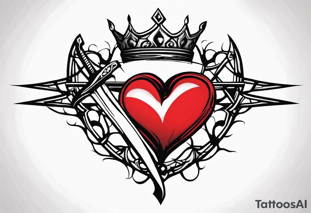 A simple design of a crown of thorns resting on the guard of a sword that is piercing a heart tattoo idea