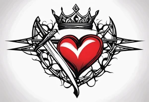 A simple design of a crown of thorns resting on the guard of a sword that is piercing a heart tattoo idea