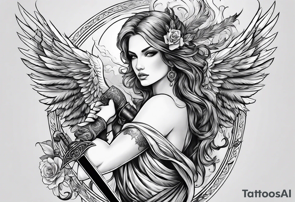 Female angel with sword and smoke tattoo idea