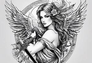 Female angel with sword and smoke tattoo idea