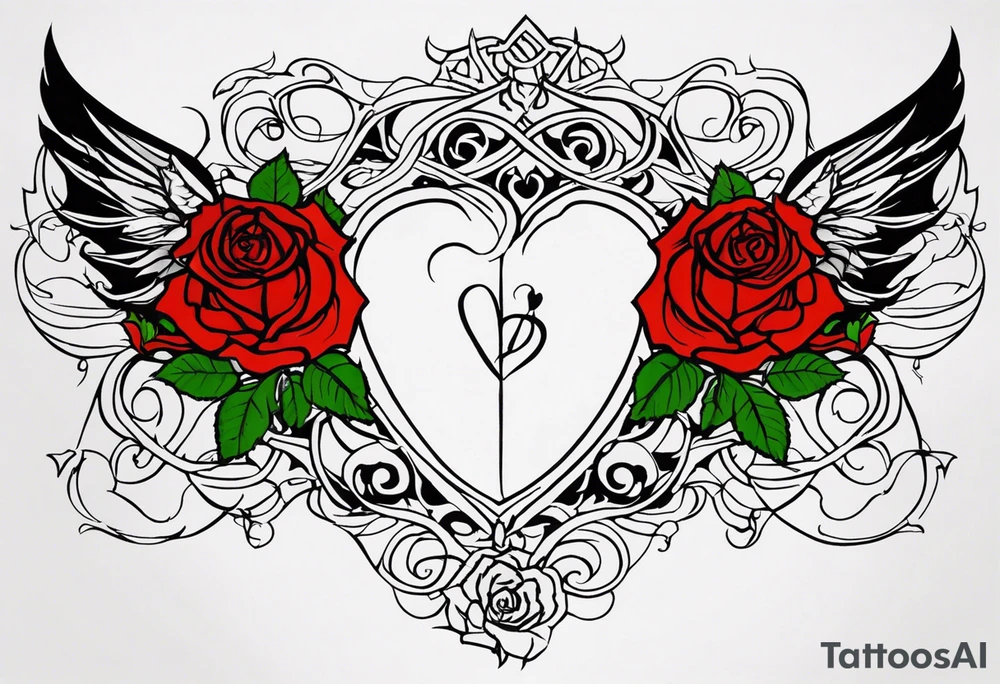 For the sternum will be "Lovers of Valdaro" surrounded by medium sized red roses and intertwined with rose thorn vines, on the top of that, overlooking the Lovers of Valdaro is a large white own with blue eyes and wings spread that goes shoulder to shoulder tattoo idea