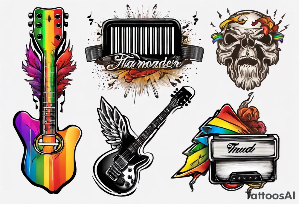 Music, guitar, harmonica, pick, dad, thunder, rainbow, tattoo idea