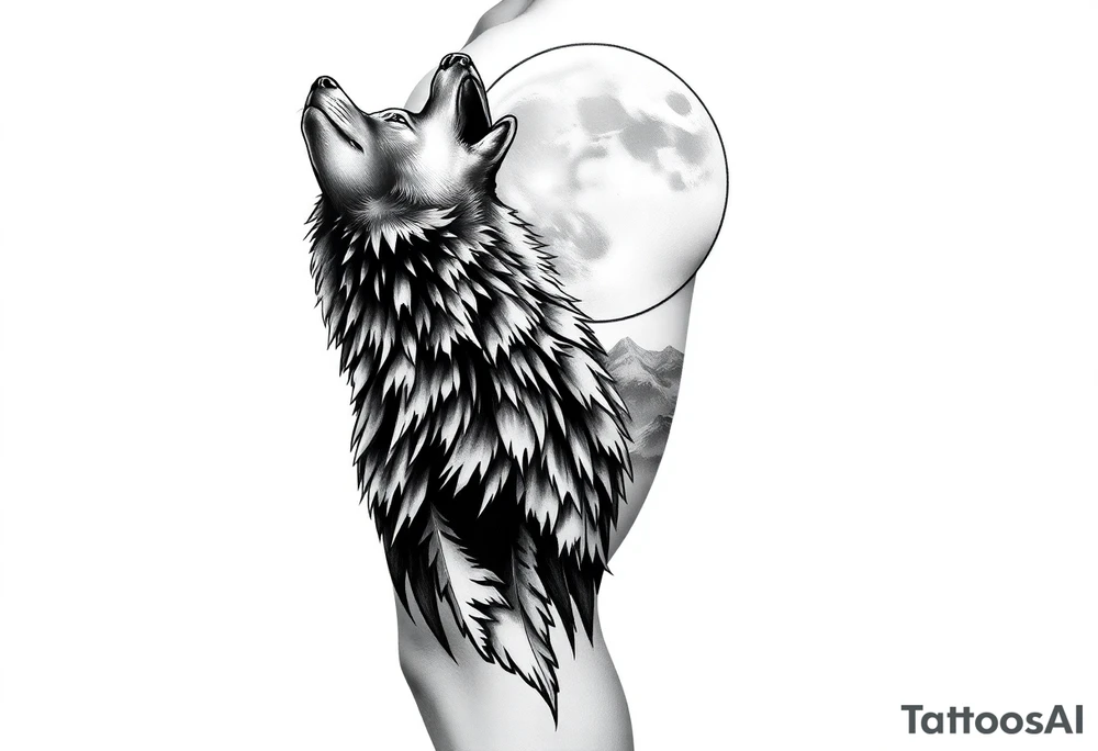 lone wolf howling at full moon with northern lights backdrop tattoo idea