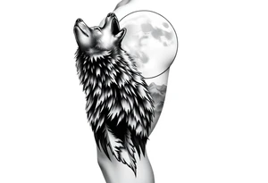 lone wolf howling at full moon with northern lights backdrop tattoo idea