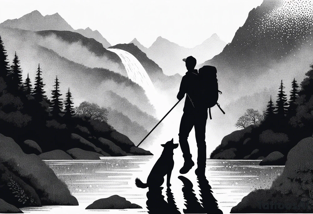 father son hiking with their dog and cat in the mountains, nature, waterfall, rive tattoo idea