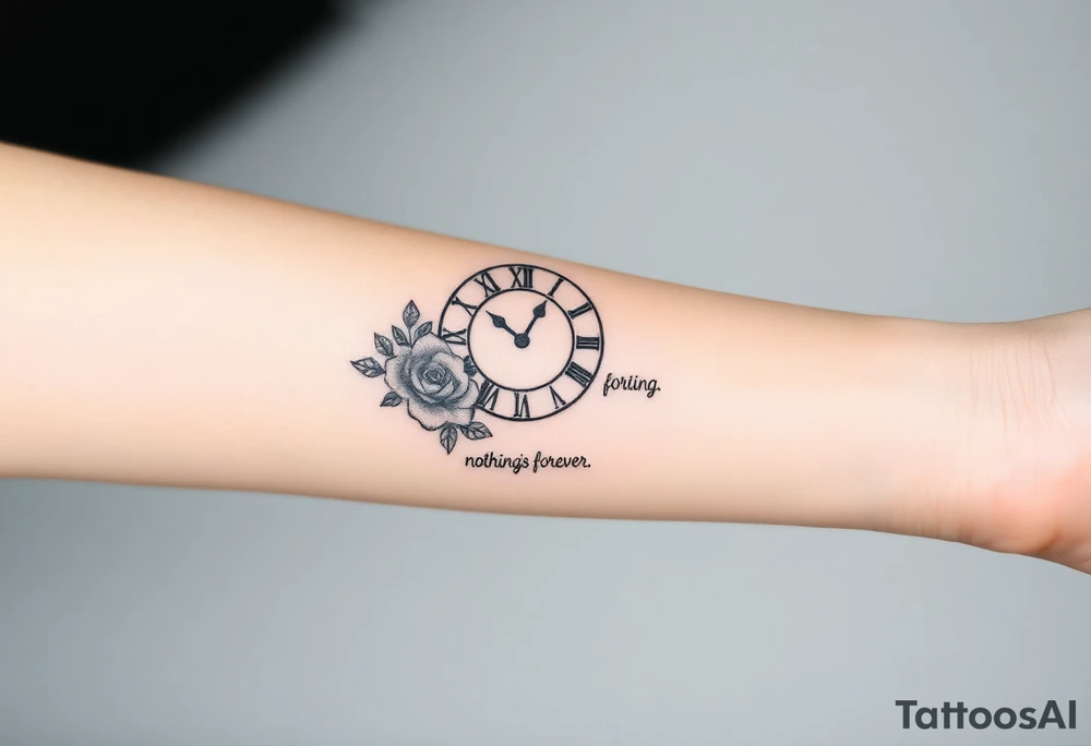 Roman clock with roses and a crown, a quote that says nothings forever. and on the bottom a deck of cards tattoo idea