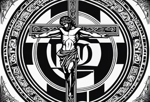 Crucified man inside a circle of Roman numerals with roman numerals on it tattoo idea