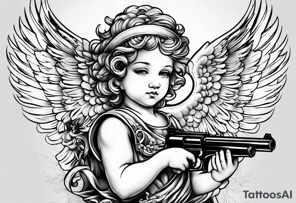 Cherub angel with a gun in the sky tattoo idea