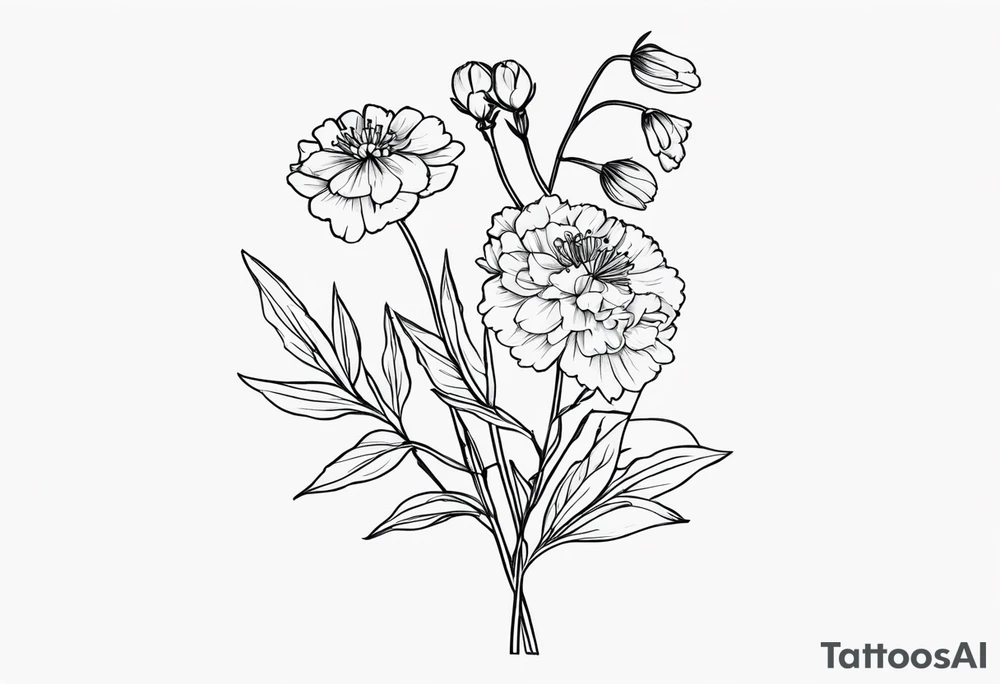 bouquet of forget me not flowers, carnation flowers, and aster flowers with a stem tattoo idea
