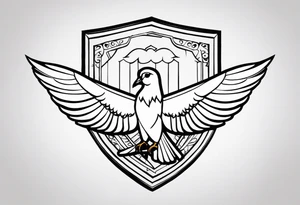 the name 'cassius rafiki mckenzie' written on a shield with a small dove and a bigger dove next to it tattoo idea